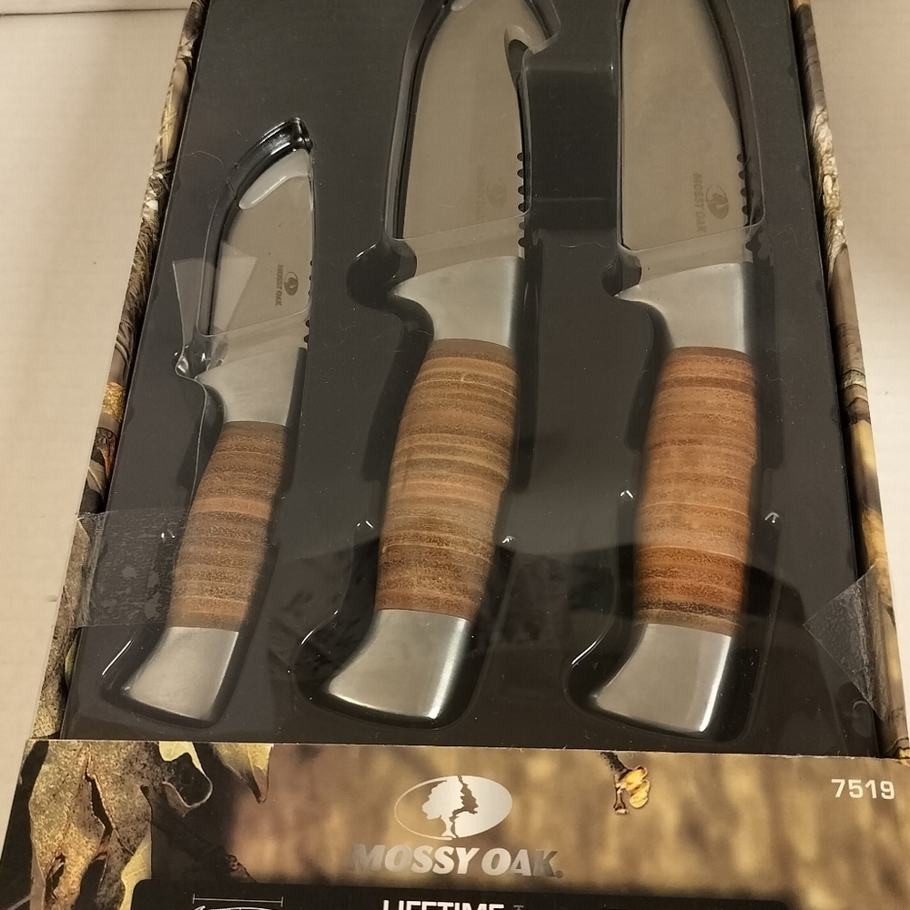 3-Pack Mossy Oak Hunting Knives w/ Sheaths Leather Wrapped Stainless 10” & 6”